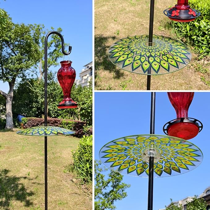 13" Glass Rain Cover for Bird Feeder Outdoors - Pack of 2PC X Baffle on Shepherd Pole/Post or S Hook Hanging - Large Weather Guard Protective Dome - Dia. 33CM - Peacock Feather