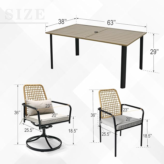 Rattan Patio Chairs and Rectangle Table Set of 6 with 63"x38" Handpainted Table and Swivel, Stackable Chairs All-Weather for Outdoor, Balcony, Backyard, Deck