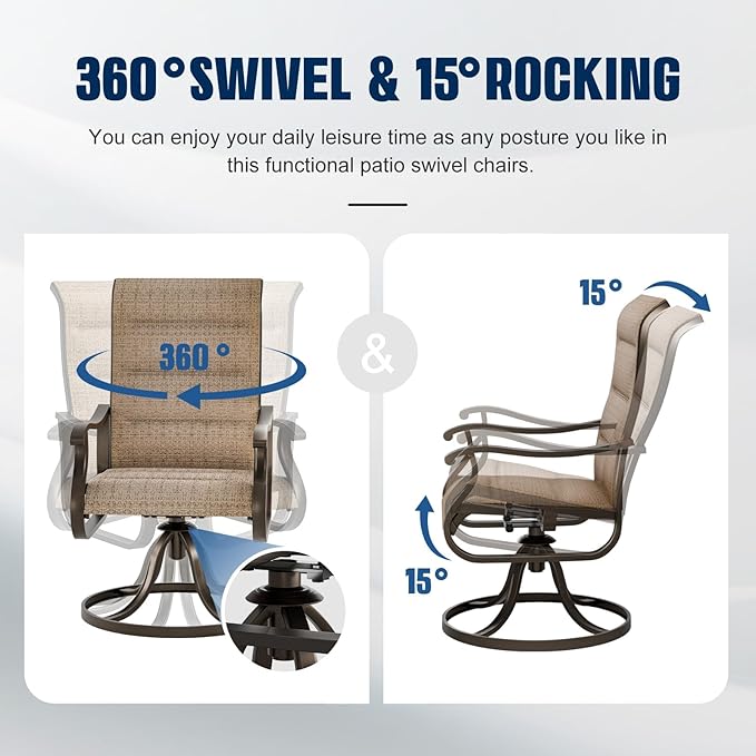 UDPATIO Patio Swivel Dining Chairs Set of 6, Outdoor Swivel Chairs High Back with All Weather Padded Textilene, Metal Rocking Frame for Lawn Garden, Brown