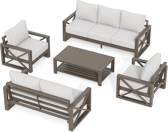UDPATIO 5 Piece Aluminum Patio Furniture Set Faux Wood Grain Modern Outdoor Furniture Patio Conversation Set with 6" Olefin Fabric Cushions and Coffee Table, 600D Waterproof Cover Included, Light Grey