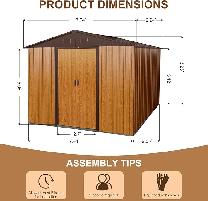 Favfurish 10x8 FT Outdoor Storage Shed, Garden Tool House with Metal Floor Base, Double Sliding Doors, Air Vents, Storage Clearance for Backyard, Patio, Garage, Lawn, Coffee