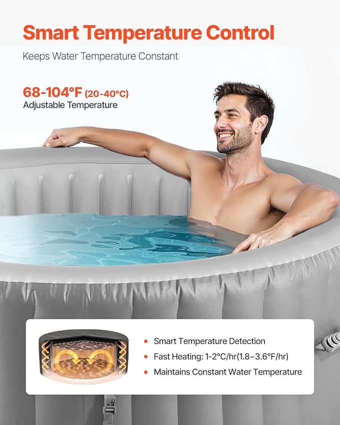 VEVOR Inflatable Hot Tub, 2 to 4 Person Capacity, 70.9 x 26 in Round Portable Outdoor Spa, with 110 Soothing Jets, Filter, Cover and Mat, Multi-Function Control Panel, PVC Outdoor Hot Tub, Grey