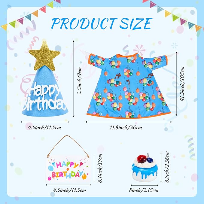 4PCS Porch Goose Birthday Outfit - Happy Birthday Goose Clothes for 23'' High Cement or Plastic Lawn Goose, Goose Dress with Hat and Sign, Garden Silly Porch Duck Costum Blue