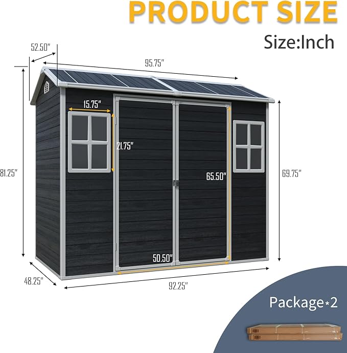 LANTRO JS Storage Shed with Floor Included, 4x8ft Outdoor Plastic Shed with 2 Windows and Lockable Door for Garden Tools, Bike