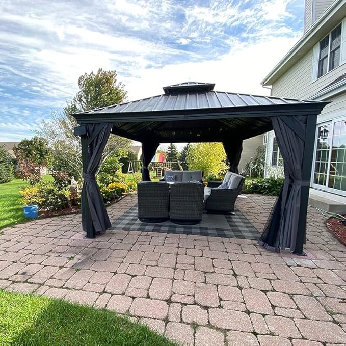 Domi 12'x12' Hardtop Gazebo Canopy,Outdoor Aluminum Gazebo with Galvanized Steel Double Roof,Permanent Gazebos with Drainage System,Curtain and Netting Included,Grey