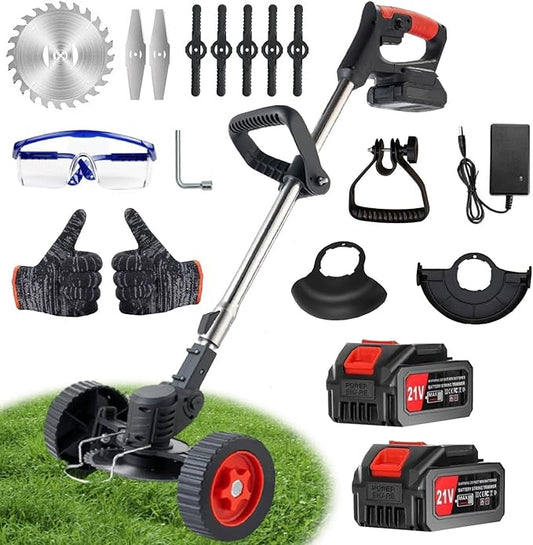 21V Electric Weed Wacker with Wheel, Cordless Weed Eater with 2 x Batteries & 1 Charger, 3 in 1 Grass String Trimmer/Brush Cutter/Edger, Stringless Lightweight Weed Trimmer for Garden, Yard and Lawn