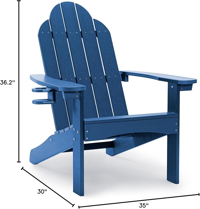 LUE BONA HDPS Adirondack Chairs Set of 4, Fire Pit Outdoor Chair Weather Resistant with Cup Holder, Modern Plastic Chair Plastic for Patio, Deck, Proch, Hotel, Resort, 350LBS, Navy Blue