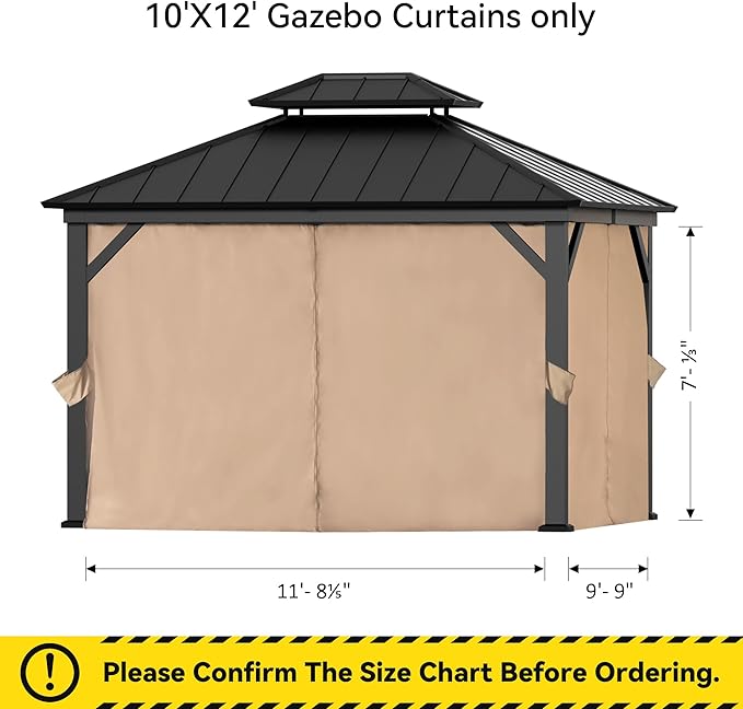 Gazebo Curtain Replacement Universal 4-Panel Sidewalls 10' x 12', Outdoor Gazebo Privacy Curtains with Zipper, Replacement for Outdoor, Patio Canopy, Garden and Backyard (Curtain Only)