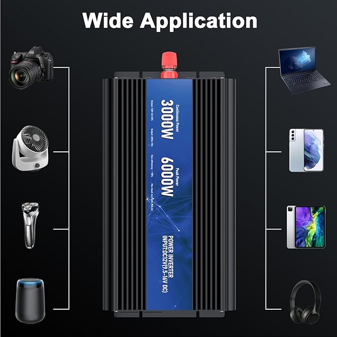 3000W Power Inverter,Peak Power 6000W 12V DC to AC 110V120V,Remote Control with 2AC Outlets and 2.4USB Port,LCD Display for Power Converter,Outdoor Activities,Emergency,Vehicles Truck RV Solar System
