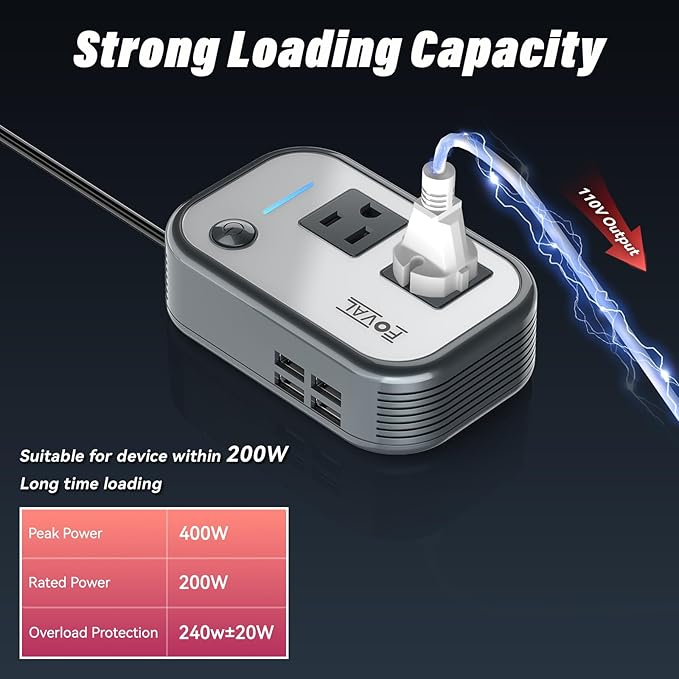200W Car Power Inverter, FOVAL 12V DC to 110V AC Car Inverte with 4 USB Ports Car Outlet Adapter, Power Inverter for Vehicles, Car Plug Adapter Outlet for Laptop Computer Charger (Gray)