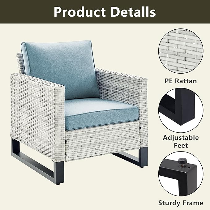 Rilyson Wicker Outdoor Patio Chairs Set of 2-2 Piece Rattan Chairs with Waterproof Wicker,Comfortable Cushions and Sturdy Metal Frame for Outside Porch Deck Backyard(Light Grey/Sky Blue)