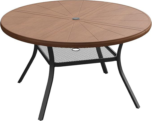 VICLLAX Outdoor Patio Round Dining Table, 47.2"x 47.2" Aluminum Tabletop with Storage Shelf for Deck Lawn Garden Backyard, Walnut