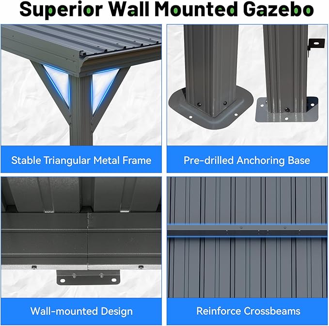 10x12FT Lean to Gazebo, Outdoor Hardtop Wall Mount Gazebo with Gutter & Sloping Galvanized Steel Roof, Metal Hard Top Awnings for Deck, Porch, Backyard