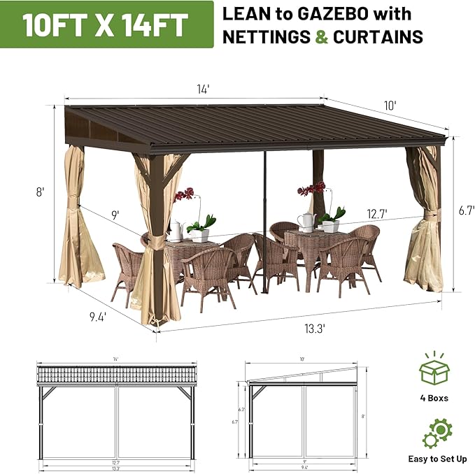 10x14FT Lean to Gazebo, Outdoor Hardtop Wall Mounted Gazebo with Gutter & Sloping Galvanized Steel Roof, Metal Frame Mount Gazebos with Netting & Curtain for Deck, Porch, Backyard