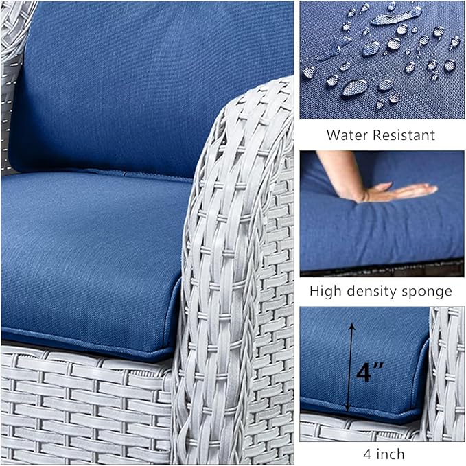 HUMMUH 3-Piece Swivel Rocking Rattan Chair Outdoor,Patio Bistro Furniture Conversation Set,Wicker Chair with Glass Side Table(Light Grey,Blue)