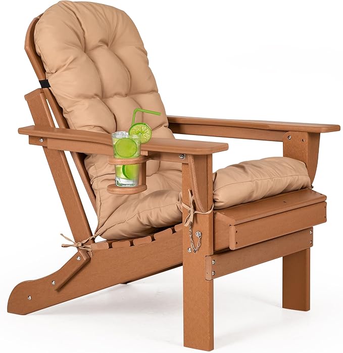 nalone Folding Adirondack Chair with Cushion with Cup Holder, HDPE Plastic Oversized Patio Chair Weather Resistant, Used in Outdoor, Fire Pit, Deck, Garden, Campfire Chairs (Teak)