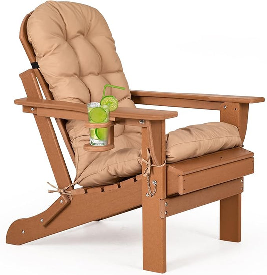 nalone Folding Adirondack Chair with Cushion with Cup Holder, HDPE Plastic Oversized Patio Chair Weather Resistant, Used in Outdoor, Fire Pit, Deck, Garden, Campfire Chairs (Teak)