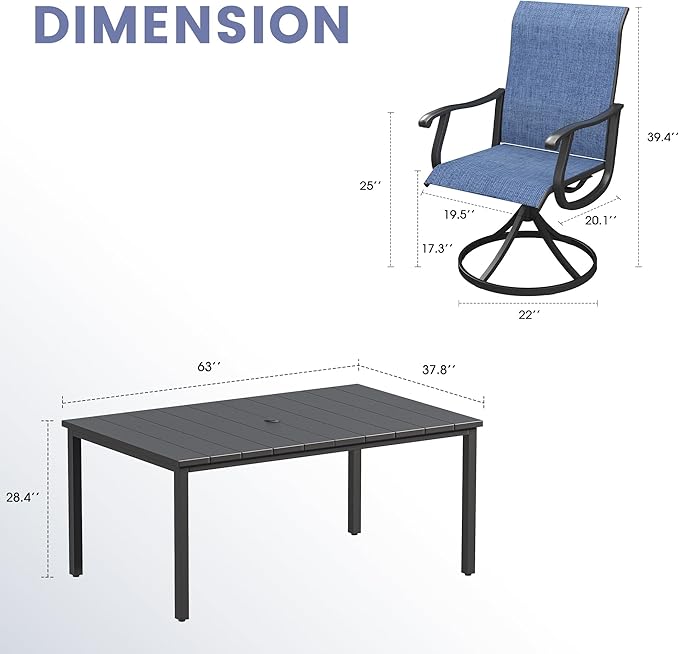 VICLLAX 7 Pieces Outdoor Dining Set, Patio Furniture Set of 6 Patio Swivel Dining Chairs and Rectangular Patio Table, Dark Blue Chairs & Black Tabletop