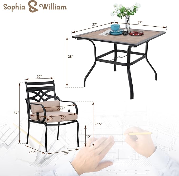 Sophia and William Outdoor Patio Dining Set for 4, Patio Table and Chairs Removable Seat Cushions, Patio Dining Table