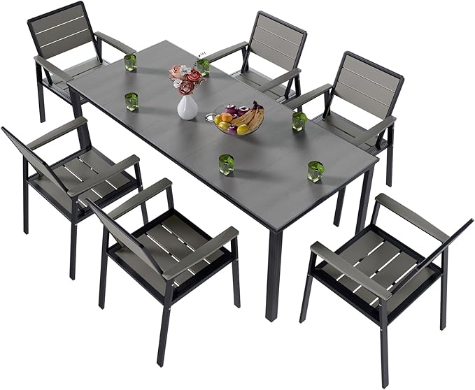 7-Piece Patio Dining Set with 11 FT Curvy Cantilever Umbrella, HDPE Tabletop & Aluminum Frame All-Weather Outdoor Furniture for Garden, Backyard, Poolside, Gray