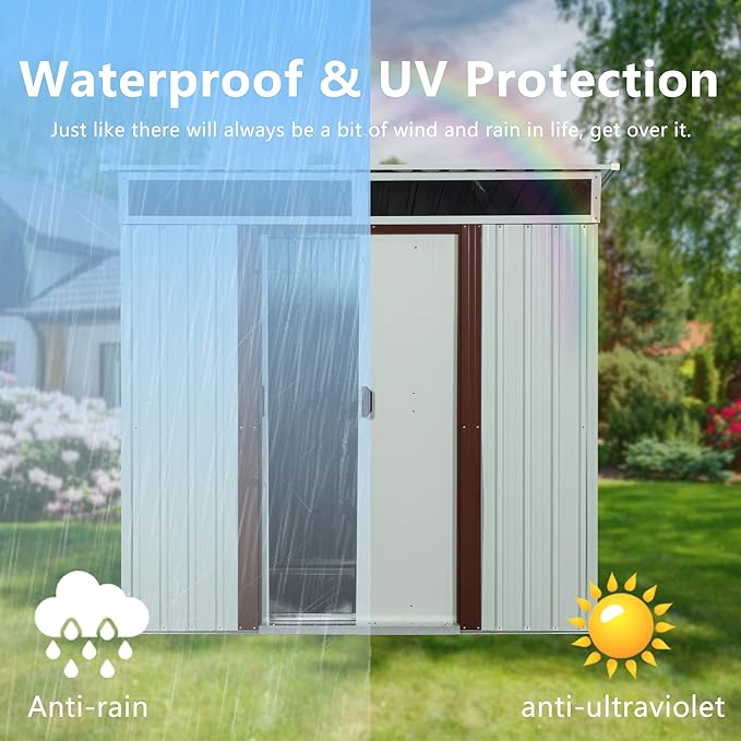 6X5 FT Outdoor Storage Shed, Waterproof Metal Garden Sheds with Lockable Door, Steel Tool Storage Buildings Shed & Outdoor Storage House for Garden, Backyard, Patio, Lawn, Trash Cans(White)