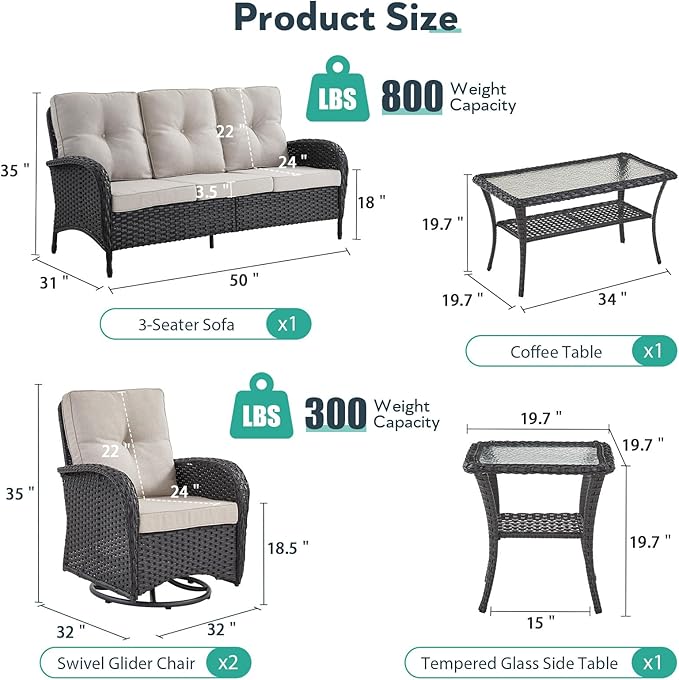 5 Piece Patio Furniture Set - Wicker Patio Conversation Set with Swivel Glider, 3 Seat Sofa, Tempered Glass Side Table and Coffee Table for Deck Backyard - Black Wicker Beige Cushion