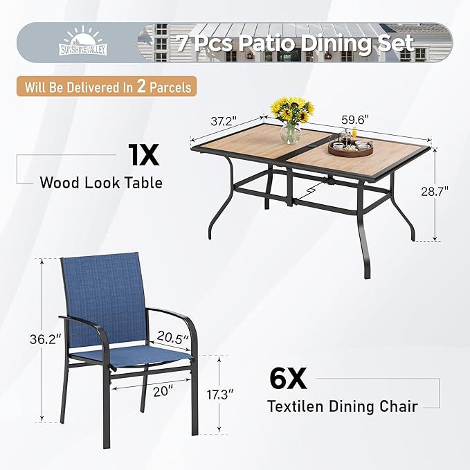 7 Pcs Patio Dining Set for 6, Rectangular Metal Dining Table (PVC Table Top) with Umbrella Hole and 6 Chairs, Outdoor Dining Set for Lawn Garden Deck, Blue