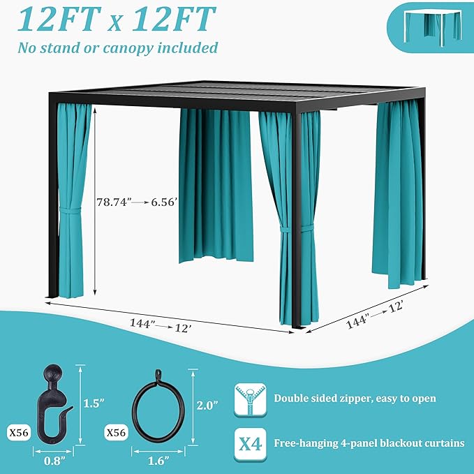 Gazebo Universal Replacement Privacy Curtain,12'×12' Gazebo Outdoor Waterproof Curtains, 4-Panels Sidewall Curtains with Double Zipper for Patio Canopy, Garden and Backyard (Curtain Only)