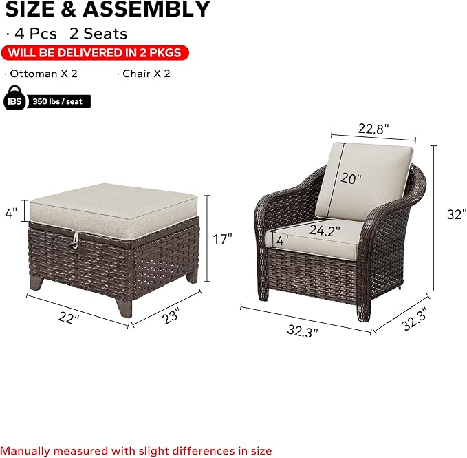 4 Pieces Patio Outdoor Conversation Furniture Set with Cushions, All-Weather Wicker Ottomans, PE Rattan 2 Chairs for Backyard, Deck, Lawn (Beige)