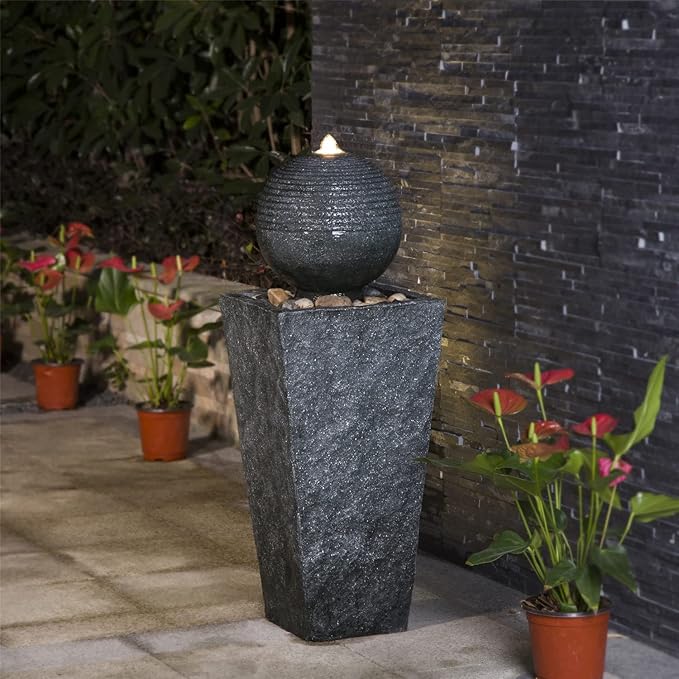 Glitzhome Outdoor Water Fountain with LED Light, Decorative Sphere Pedestal Outdoor Fountain with Submersible Pump, Vintage Waterfall Fountains for Garden Patio Deck Porch, 31.69”H