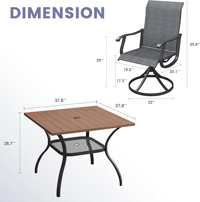 VICLLAX 5 Pieces Outdoor Dining Set, Patio Furniture Set of 4 Patio Swivel Dining Chairs and Square Patio Table with Storage Shelf, Dark Charcoal Chairs & Walnut Tabletop