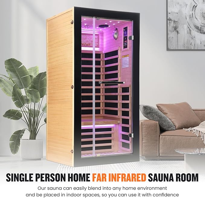 One Person Sauna Far Infrared Saunas Room Canadian Hemlock 1450W Dry Saunas Spa with 7 Starry Sky Light 33.5 * 33.5 * 70.8inch