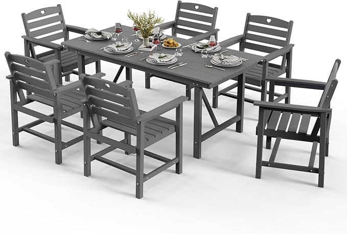 Patio Table and Chairs Set with Umbrella Hole, HDPE Patio Dining Set for 6, Outdoor Dining Set for Lawn, Patio, Porch, Deck, Poolside, Yard (Grey, 7-Piece)