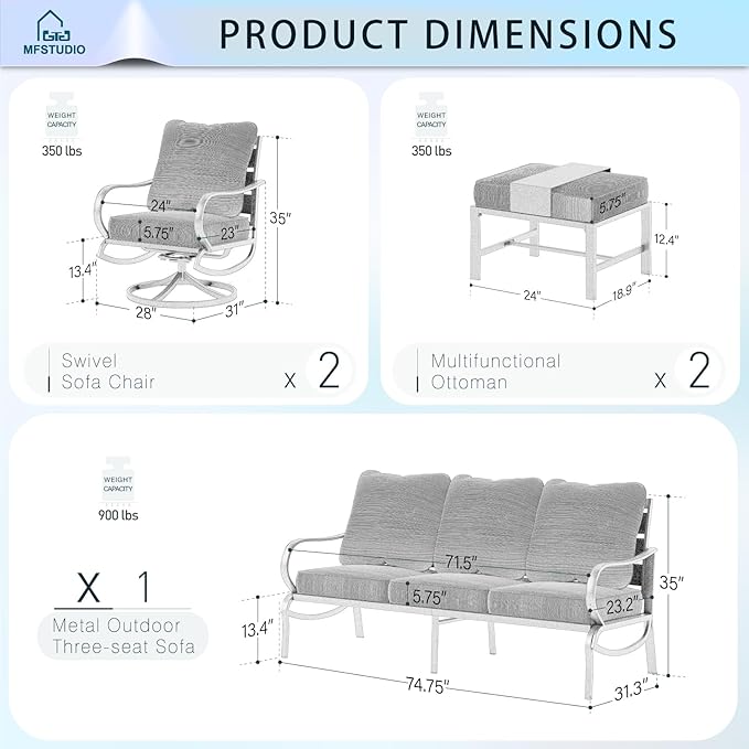 MFSTUDIO 5 Pieces Patio Conversation Sets,Outdoor Metal Furniture Sofas with 1 x 3-Seat Sofa, 2 x Swivel Chairs,2 x Ottoman,Wrought Iron Frame with Red Cushion for Patio Courtyard Balcony