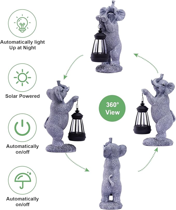 Elephant Statues for Garden Decor: Outdoor Sculpture with Warm Lights for Balcony Lawn Patio Yard - Gifts for Mom Grandma Women