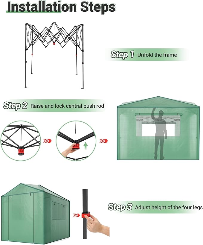 GarveeLife 6X8FT Portable Greenhouse for Outdoor, Walk-in Instant Pop-Up Greenhouse for Gardening Plant, Zipper Roll Up Door & Mesh Window, Double Frame, PE Cover Grow Tent for Winter, Green