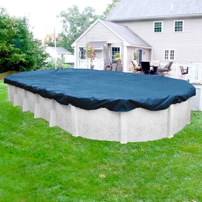 Pool Mate 16 x 32 ft Classic Blue Winter Oval Pool Cover for Above Ground Pools, 4 ft Overlap (20 x 36 ft Cover Size), Solid 8 x 8 Scrim, 2.36 oz/yd2, 10-Year Warranty, Style: 351632-4PMA
