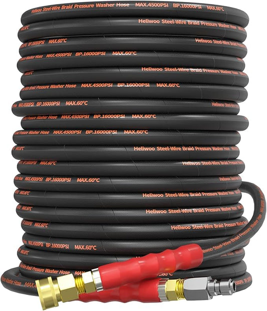 5/16" Pressure Washer Hose 100 FT, Hot and Cold Water Power Washer Hose Max 140°F, Commercial Industrial Grade Steel Wire Braided Kink Proof Extension Hose -4500 PSI