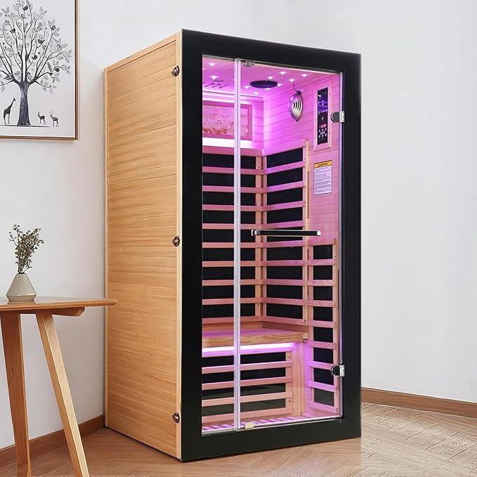 Sauna Indoor Far Infrared Saunas Home 1 Person Canadian Hemlock 1450W Low-EMF Dry Spa Sauna with Oxygen Bar, 26 Colorful Starry Sky Lights, 7 Heating Plates, Intelligent Control, Speaker - H5.9 ft