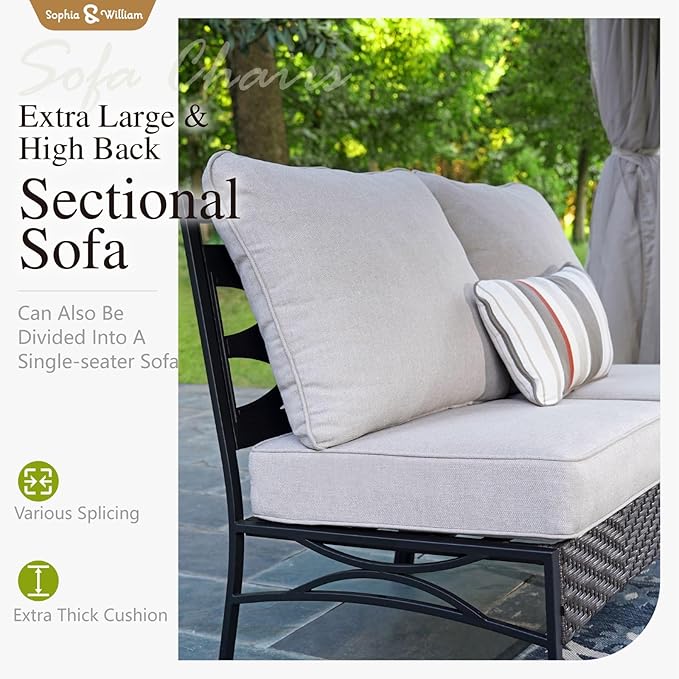 Sophia & William Half-Moon Patio Furniture Set for 8, Curved Outdoor Sofa Conversation Set with Coffee Table,Wicker Patio Sectional for Backyard, Beige