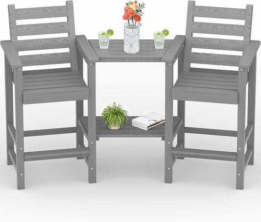 Tall Adirondack Chairs Set of 2, All Weather HDPE Poly Bar Height Balcony Adirondack Chair with Removable Double Connecting Trays, Outdoor Adirondack Barstools for Deck, Patio, Yard, Pool, Lawn