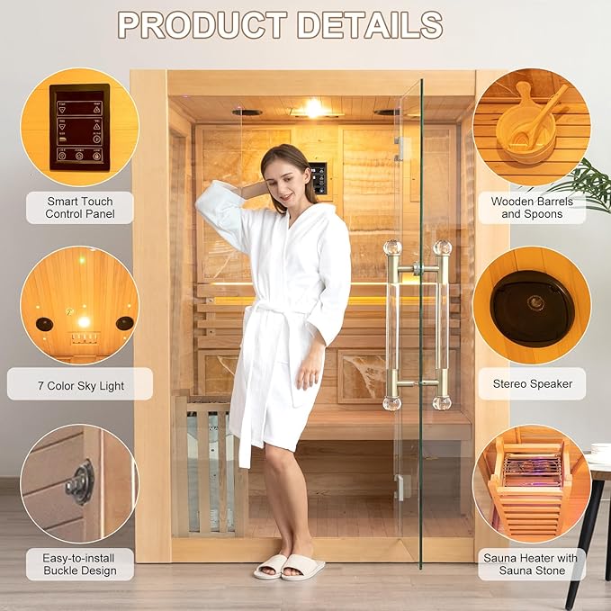 Smartmak Wood Home Steam Sauna, 3 Person Canadian Hemlock Traditional Luxurious Wooden Indoor Spa Room, with 3.5 kw Heater, Bluetooth Speaker, Rocks, Water Bucket, Spoon, Lights, US Instock