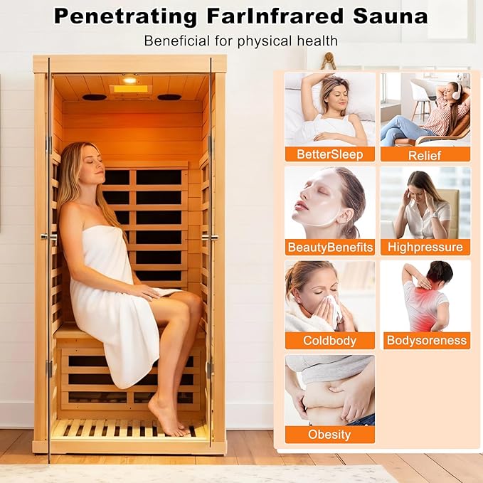 Indoor Infrared Sauna, 1 Person Hemlock Wood Low EMF Far Infrared Saunas, Personal Sauna Room Box with APP Control, Glass Door, Blue-Tooth, LCD, LED Reading Light, 7-Color Light Therapy