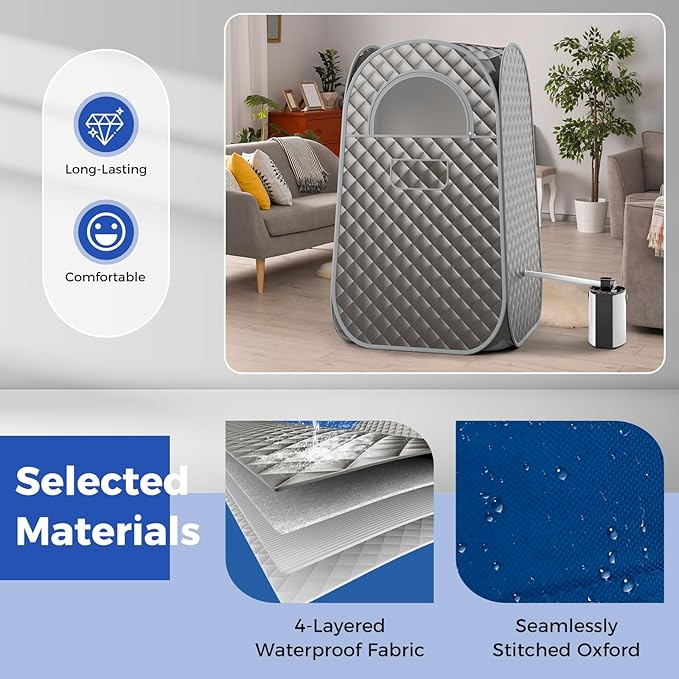 Giantex Portable Sauna, Full Body Steam Sauna w/ 3L Steam Box, Remote Control, Wood Foot Roller & Foldable Chair, Pop-Up Sauna Box for Single Person, Lightweight Personal Sauna Tent for Home (Gray)