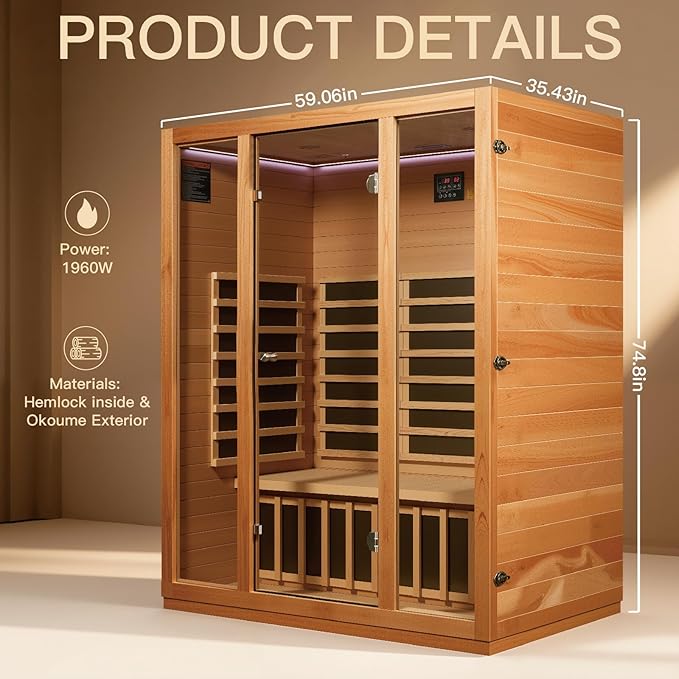 3 Person Infrared Sauna for Home, 1960W/120V, Low EMF Infrared Heater Panels, Chromotherapy Lighting, Personal Home Sauna for Family Relaxation, 59.06" x 35.43" x 74.8"