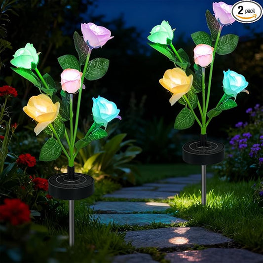 Solar Flowers Lights - Upgraded Outdoor White Rose Flowers Lights, 7-Color Changing & Waterproof Outdoor Solar Lights for Garden, Patio, Backyard,Party and Office (White Rose, 2)
