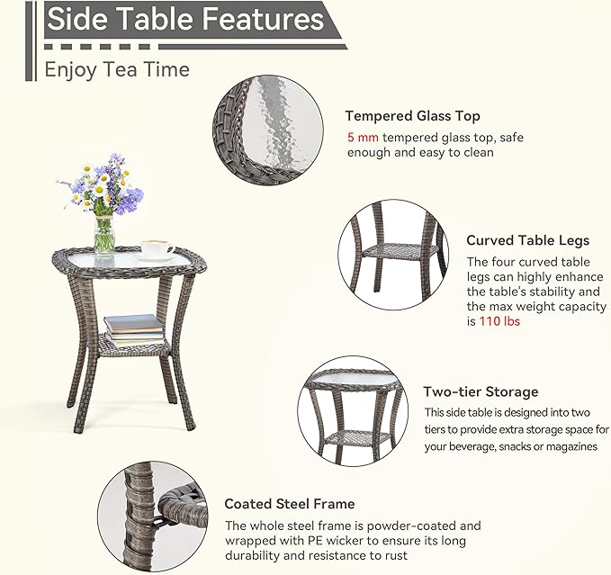 5 Piece Outdoor Patio Furniture Set Wicker Conversation Set Swivel Rocking Chairs with Side Table and Ottomans for Backyard, Porch, Deck, Green