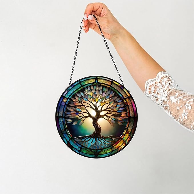 Colorful Tree of Life Suncatcher -7.9 in Stained Glass Window Hanging Catcher Garden Decor