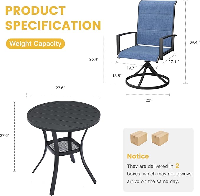 VICLLAX 3 Pieces Patio Dining Set - 27.5" Round Patio Table and 2 Outdoor Swivel Padded Chairs, Black Tabletop and Blue Fabric