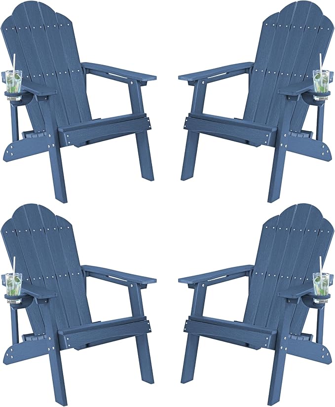 LUE BONA HDPE Adirondack Chairs Set of 2,Plastic Adirondack Chairs with Cup Holder Weather Resistant for Outdoor, Patio, Lawn, Garden, Backyard Deck, Fire Pit, Blue